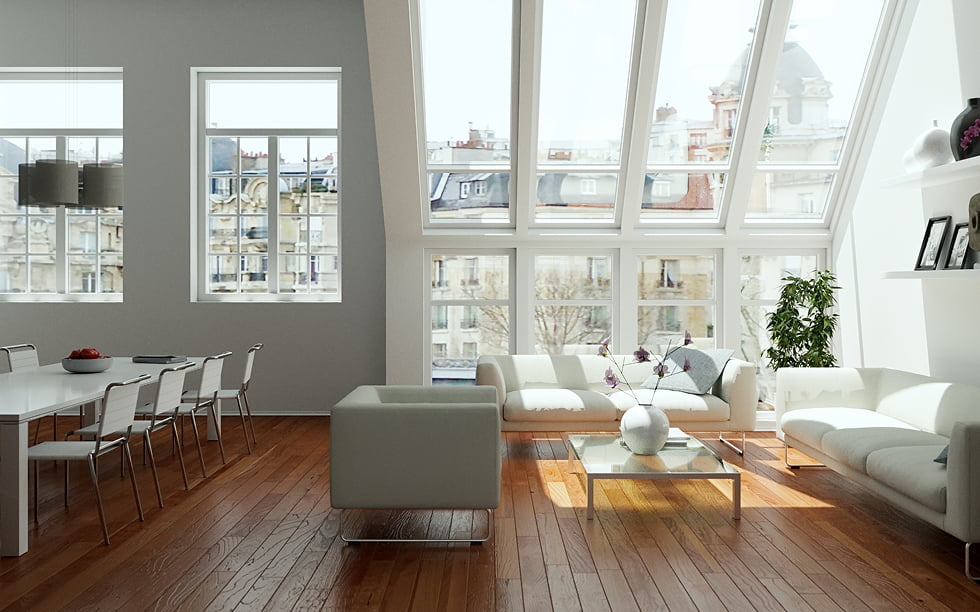 Loft Wohnzimmer Mit Großen Fenstern Und Stadtblick