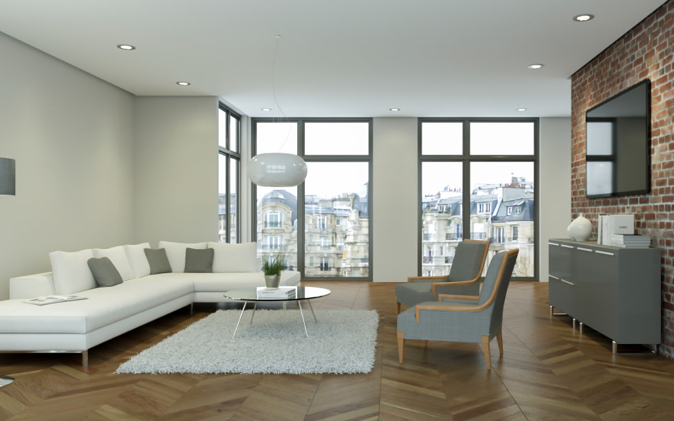 Moderner Wohnbereich Mit Backsteinwand Und Stadtblick