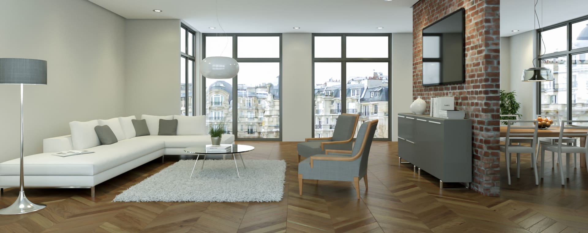 Moderner Wohnbereich Mit Backsteinwand Und Stadtblick