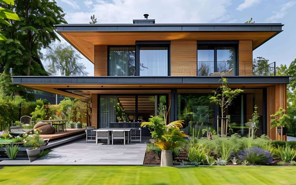 Modernes Zweistöckiges Haus Mit Holzfassade Und Großen Glasfronten Mobile