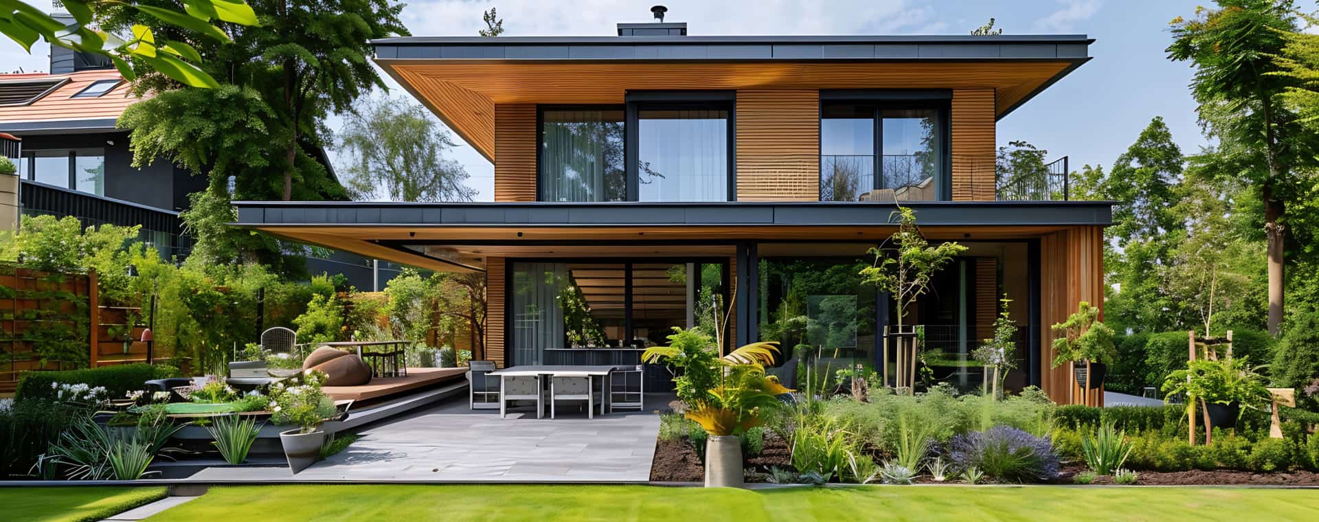 Modernes Zweistöckiges Haus Mit Holzfassade Und Großen Glasfronten