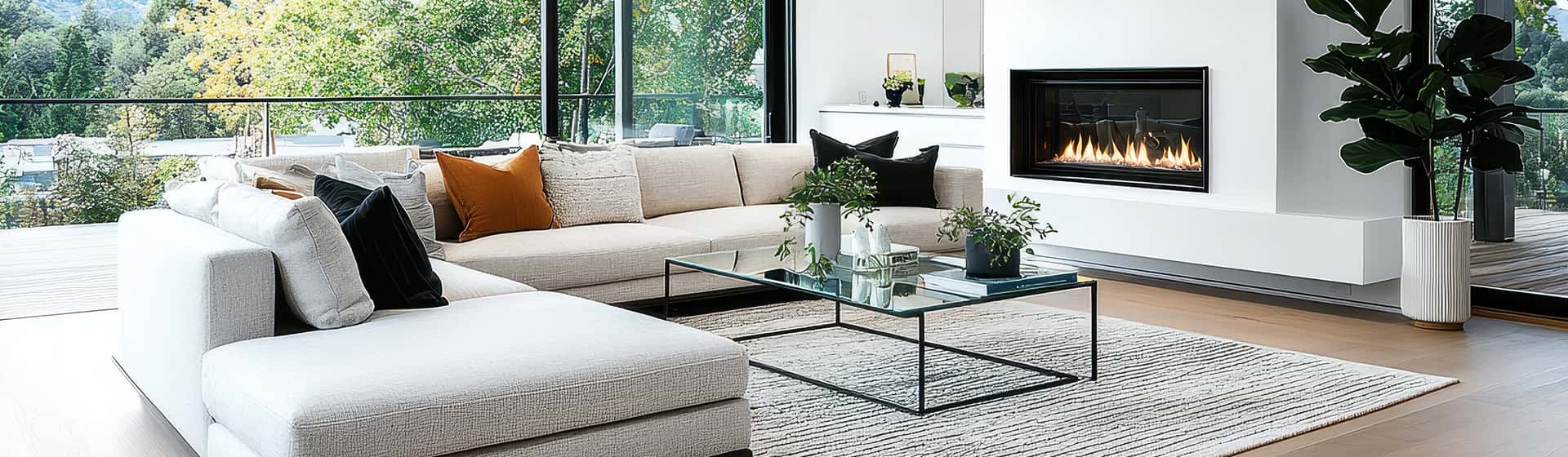 Wohnzimmer Mit Kamin Und Panoramafenstern